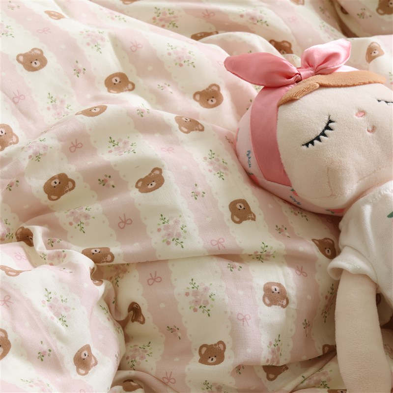 粉色熊冬季儿童纯棉被套单件单人双层纱布母婴a类全棉被罩150x200