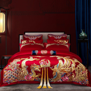 高端结婚刺绣四件套大红色床上用品140支纯棉被T套龙凤婚礼十件套
