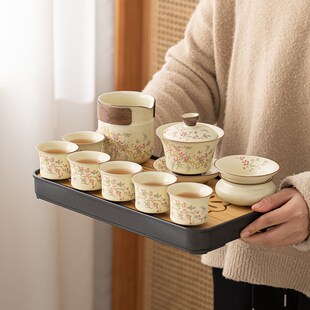 紫藤花汝窑陶瓷茶具盖碗套装带茶盘家用户外旅行泡茶套组商务礼品