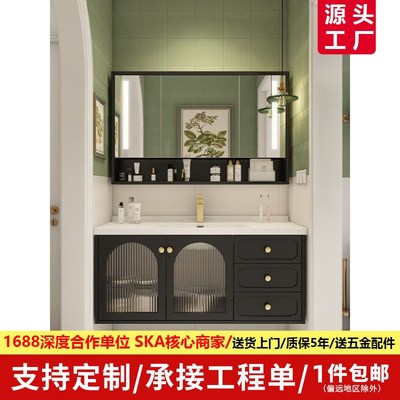 轻奢陶瓷一体橡胶木浴室柜复古卫生间洗脸洗手柜盆组合洗漱台盆