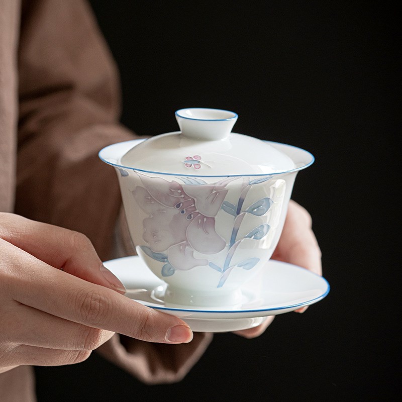手绘百合三才盖碗茶杯单个茶碗带盖不烫手茶具家用陶瓷泡茶器