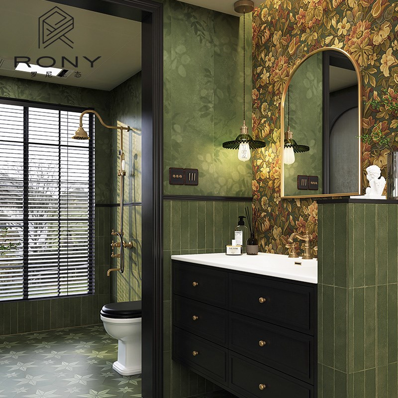 法式复古卫生间瓷砖绿色六角小花砖厨房浴K室墙砖民宿阳台防滑地