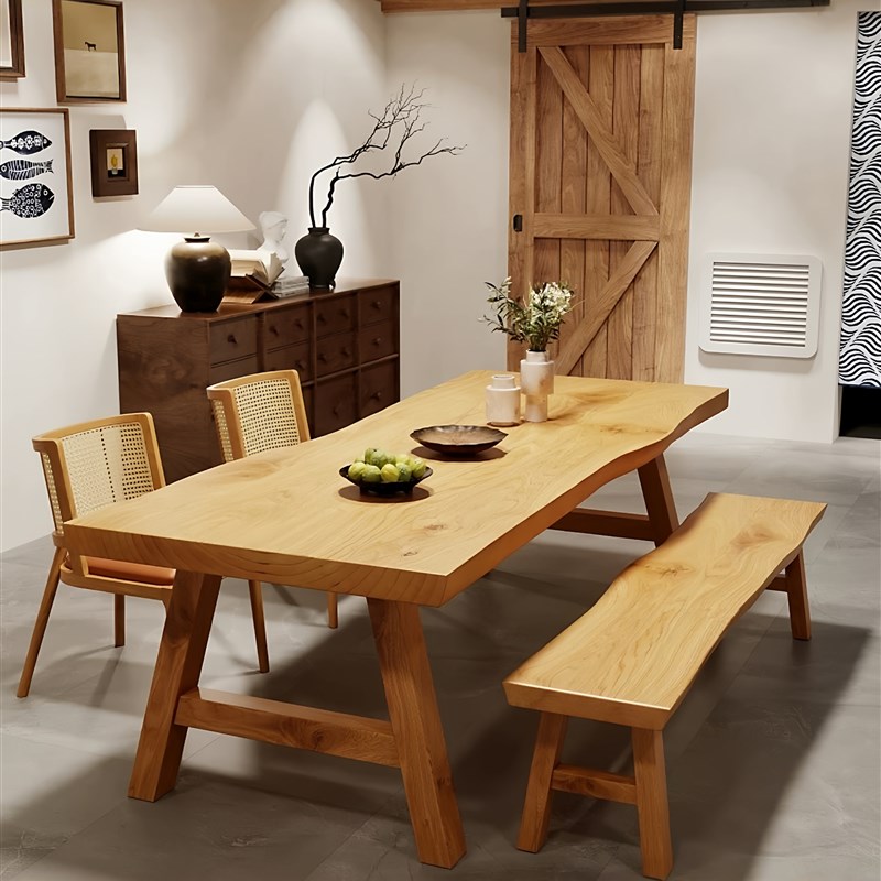 整板日式原木餐桌自然边家用吃饭桌子H实木桌椅组合简约大板泡茶