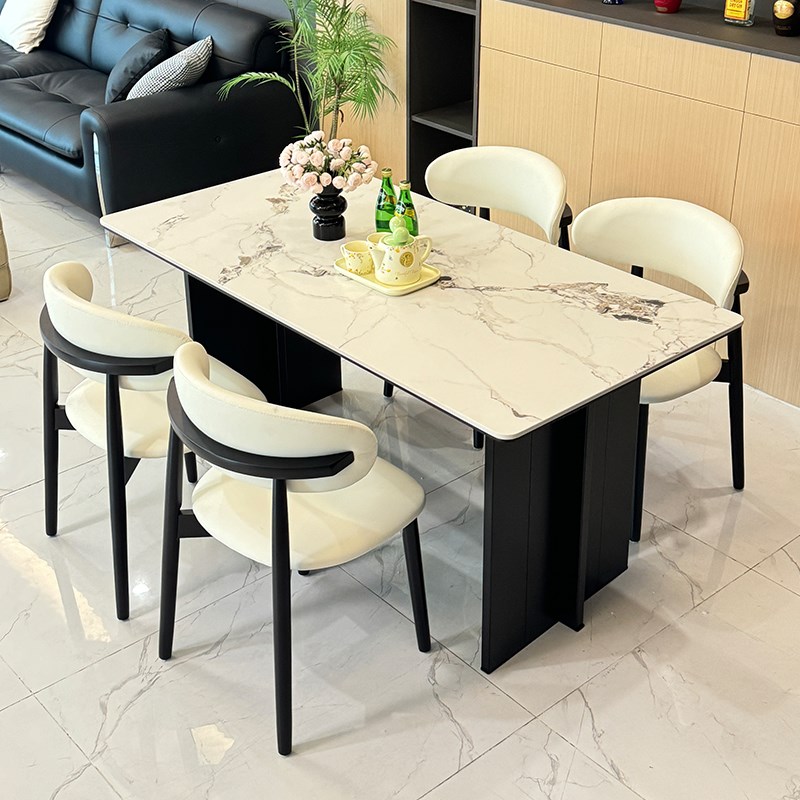 德利丰拿铁岩板洞石餐桌铝合金黑色客厅J家用小户型现代简约饭桌