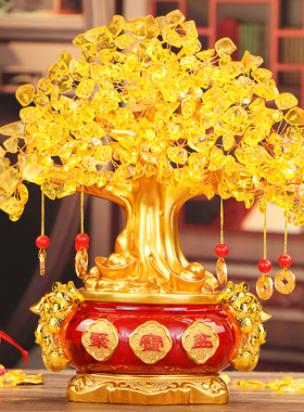 聚宝盆发财树招财摆m件黄水晶摇钱树店铺前台玄关酒柜装饰开业礼