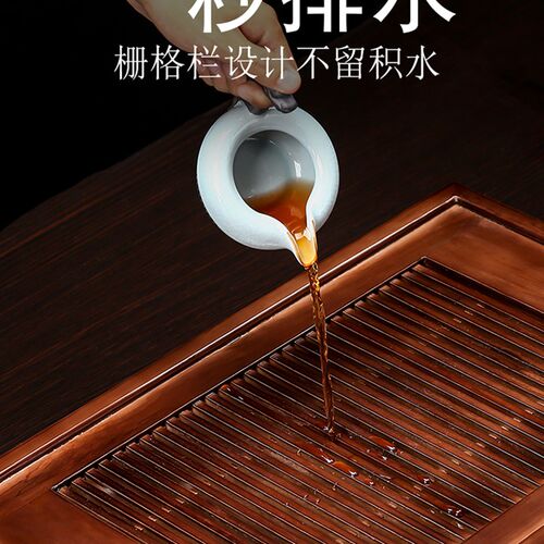 柯木功夫茶盘家用不锈钢蓄水盘茶台实木大茶海Q蓄排双用抽屉式托