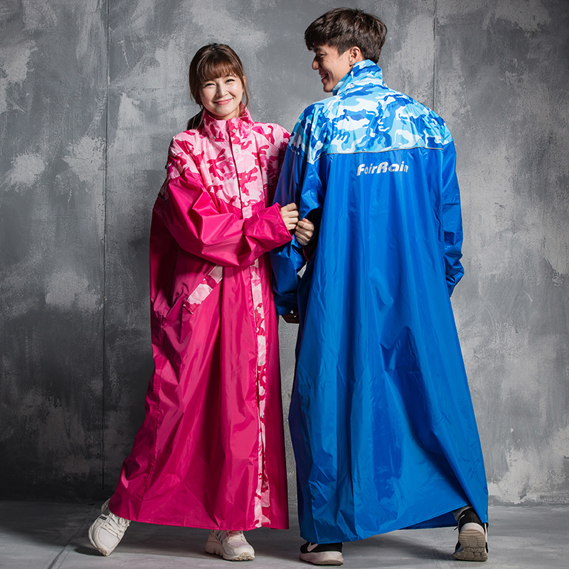 迷彩雨衣长款加长遮脚电动车雨衣双帽檐男女有袖拉链前开风衣式