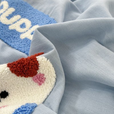 蓝色小可爱 卡通全棉双层纱毛巾绣四件套 男孩儿童房床上用品被罩