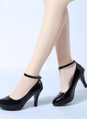 2020新款工作鞋l女黑色高跟鞋职业一字扣绑带中跟礼仪面试正装皮