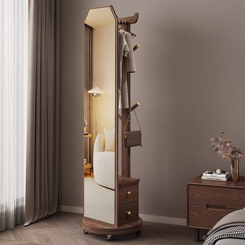 锦巢穿衣镜全身镜落地镜实木家用卧室旋转带抽屉衣帽架一体试衣镜