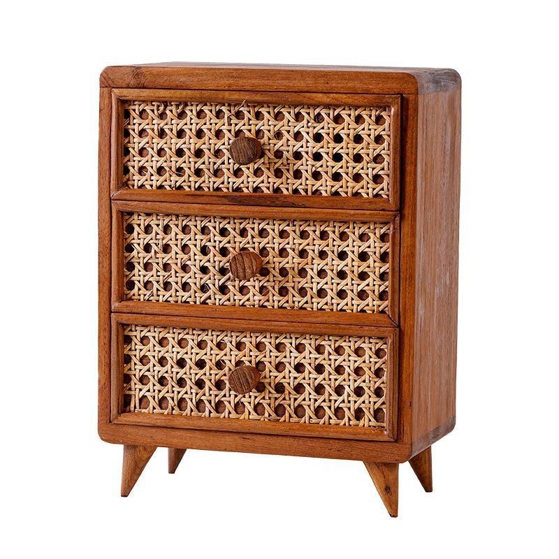 桌面木制收纳柜藤编小抽屉杂物储物盒办公室书桌上置物架文具箱柜