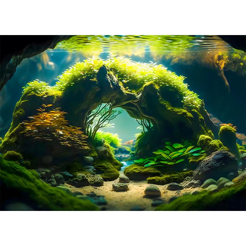 水族箱鱼缸背景纸画高清图流水生财静电贴渐变色5d立体壁纸风景字