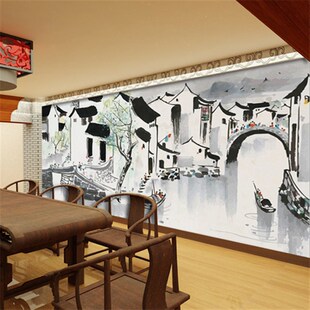 水墨江南水乡墙布壁画客厅x电视墙纸卧室餐厅沙发背景壁纸756 中式