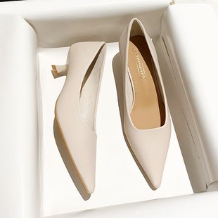浅口通勤软皮单鞋 女2024年春秋新款 气质尖头细跟米白色高跟鞋 法式