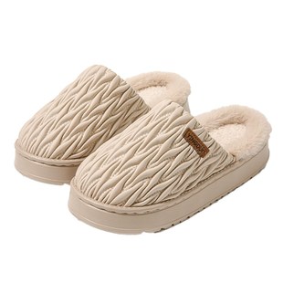 居家室内防滑保暖厚底防水拖鞋 2024新款 女外穿 女秋冬季 PU皮棉拖鞋