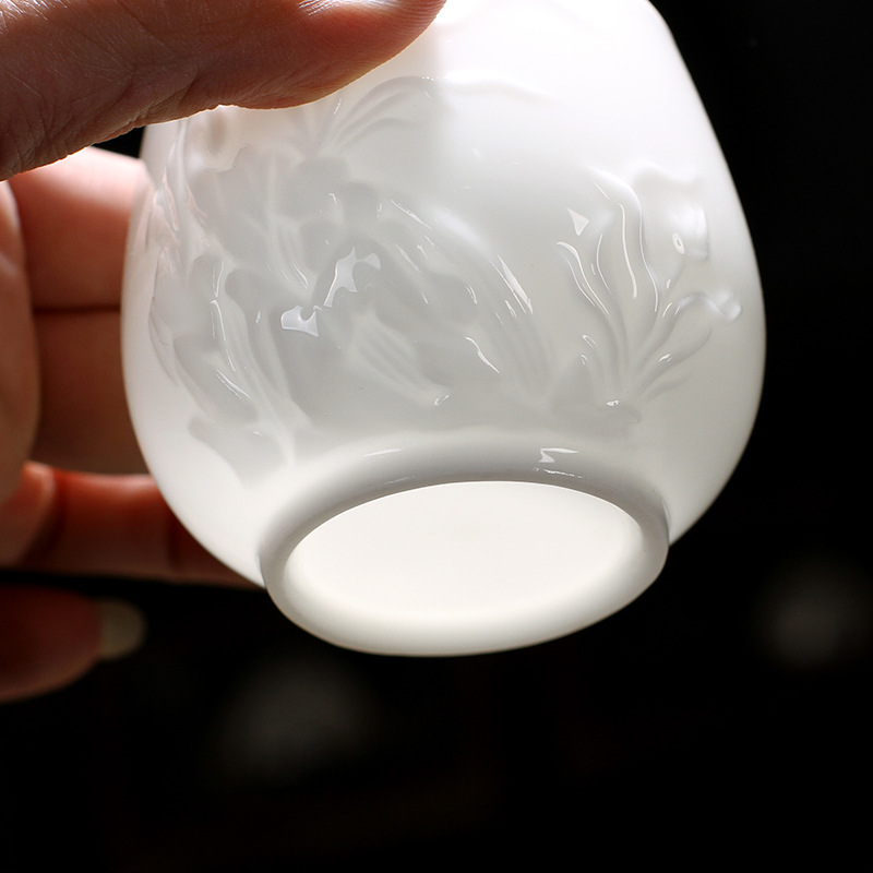 冰种玉瓷羊脂玉浮雕主人杯 陶瓷功夫茶具 品茗茶杯 礼品定制LOGO