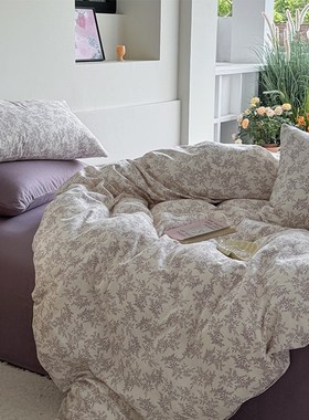 新款A类四季双层纱全棉被套单件1米5田园纯棉被罩紫色碎花三件套