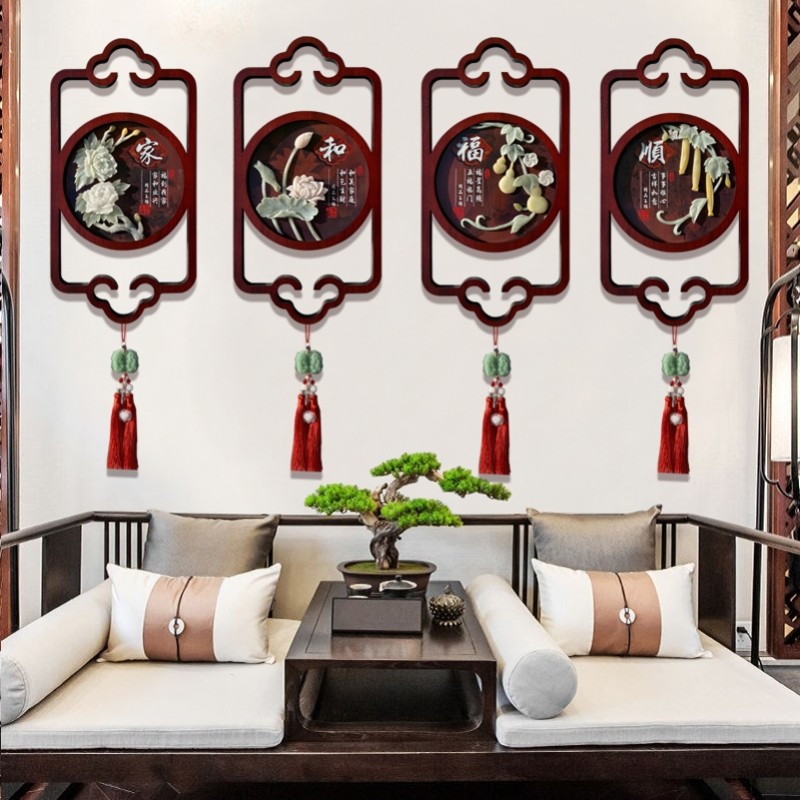 客厅装饰画新中式梅兰竹菊餐厅挂画沙发背景墙浮雕画墙壁玉雕画图片