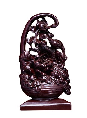 黑檀木雕花篮摆件实木质一篮富贵工艺品家居客厅装饰乔迁开业送礼