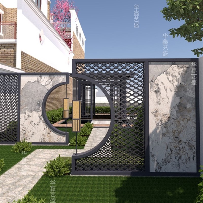 庭院月洞门屏风别墅花园半月形金属格栅影壁墙园林假山隔断背景墙