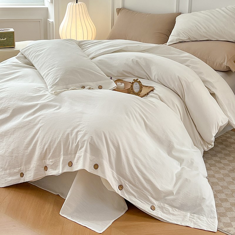 纽扣款民宿四件套水洗棉日式床上用品非全棉纯棉纯白色被套床单三