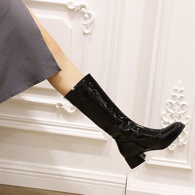 漆皮中筒女中粗跟小个子33亮皮不过膝44大码40 4N1 42 43 47靴子