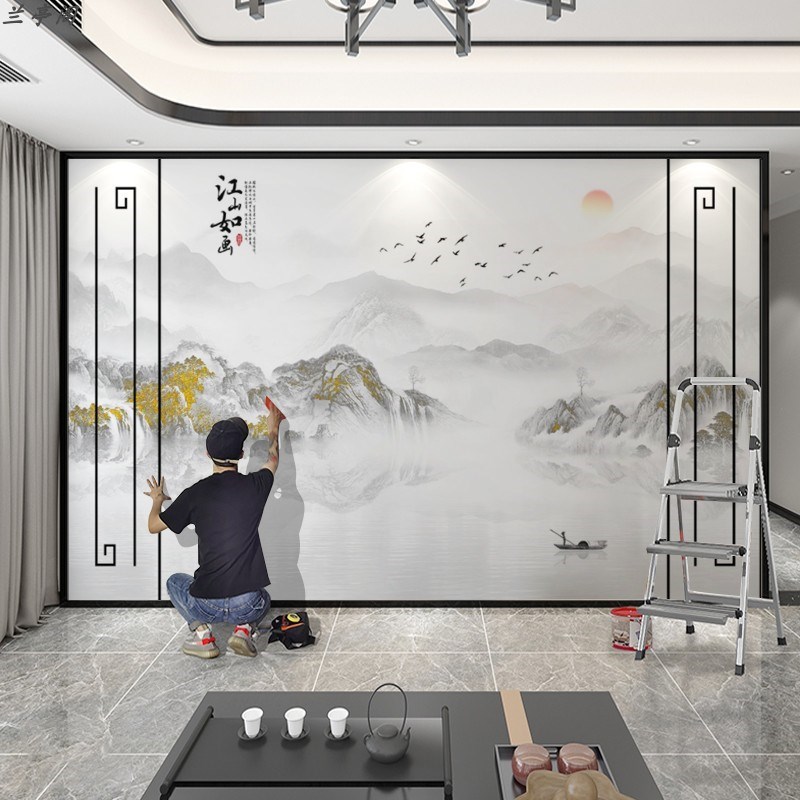 江山如画电视墙背景墙壁纸新中式立体壁布客厅自带假边框整张墙纸