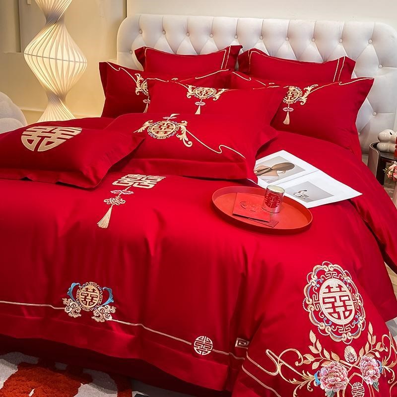 中式100支结婚四件套红色婚庆被套婚房喜被床单陪嫁床上用品4