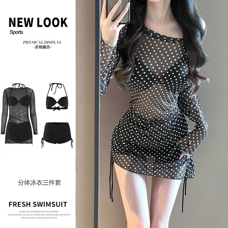 黑色波点长袖罩衫两件式比基尼泳衣女钢托 托聚拢遮肚子显瘦沙滩
