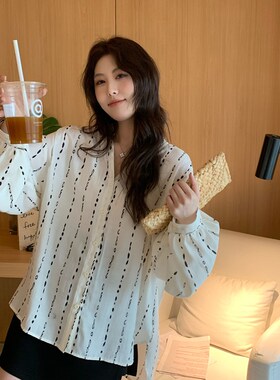 NAZ那子大码早秋亚麻棉水u滴墨灯笼袖衬衫胖mm大版宽松气质小衫女