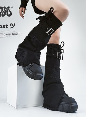 Solost y2k辣妹黑色牛仔亚文化腿套显瘦裤管套设计感靴套喇叭袜套