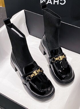 瘦瘦靴短靴女f秋冬黑色袜靴厚底增高弹力连袜乐福鞋大码女鞋41一4