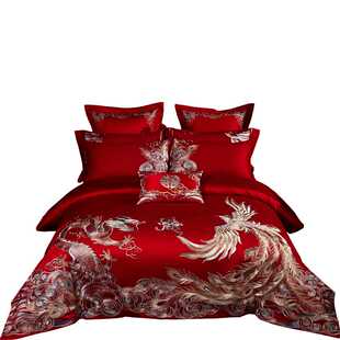 结婚床上用品四件套中u式 婚礼奢华全棉床单龙凤婚庆床单