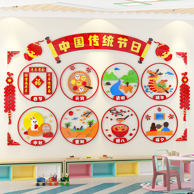 幼儿园墙面装饰中国传统节日文化墙贴立体教室走R廊环创主题墙布