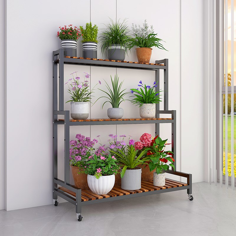 花架客厅落地式置物架阳台花盆2024新款铁艺实Q木阶梯带轮移动多