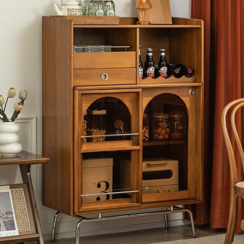 复古餐边柜茶色玻璃n实木茶水柜中古客厅靠墙不锈钢边柜收纳储物