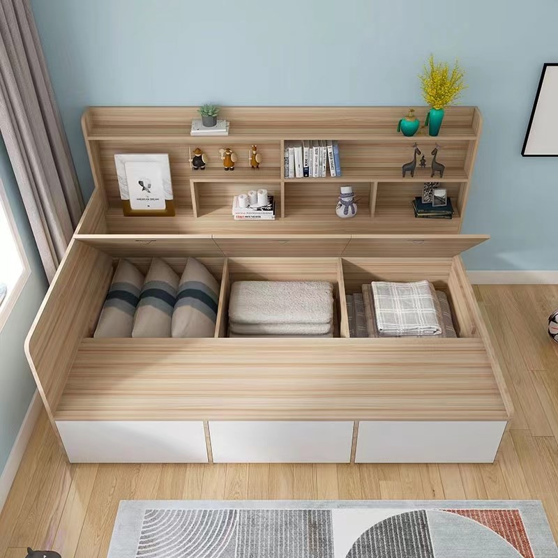 实木床带书架一体单人小户型简约靠墙带抽屉1米2榻榻米箱体储物床
