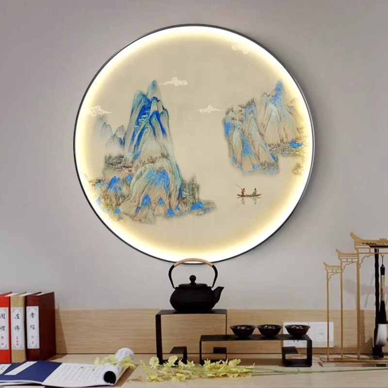 带灯入户门玄关千里江山图挂画LED圆形装饰画客厅过道走廊壁灯画
