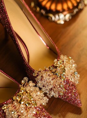 婚鞋新娘鞋红色细高跟鞋夏女2024新款J不累脚夏季中式平底婚礼鞋