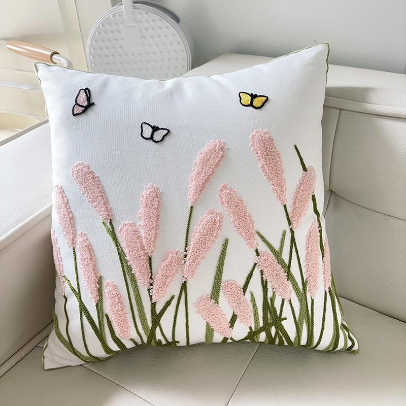 美式田园刺绣抱枕芦苇草花朵抱枕客厅沙发纯棉靠垫枕套飘窗靠枕垫