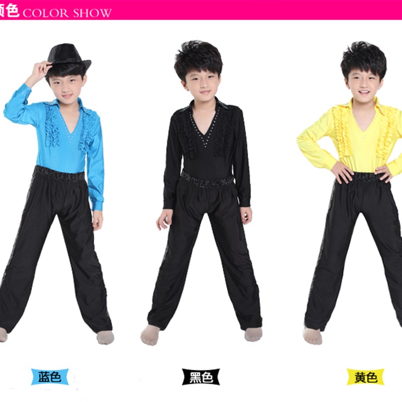 男童拉丁舞服装 少儿童舞蹈服装 男孩练功服黑色长袖舞蹈衣裤