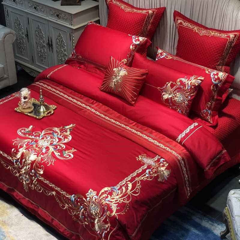 欧式结婚庆刺绣花四件套大红色奢华全棉床上用品六十件套被套