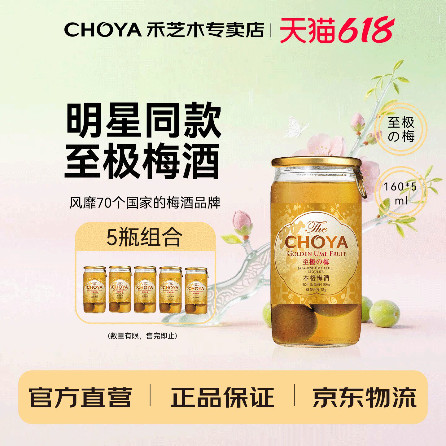 【5瓶】CHOYA俏雅蝶矢本格金标青梅配制酒160ml日本进口梅酒果酒