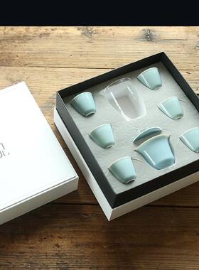 制浅蓝色釉功玉泥30684定白瓷夫茶具盖碗茶杯整套商务礼品套装LOG