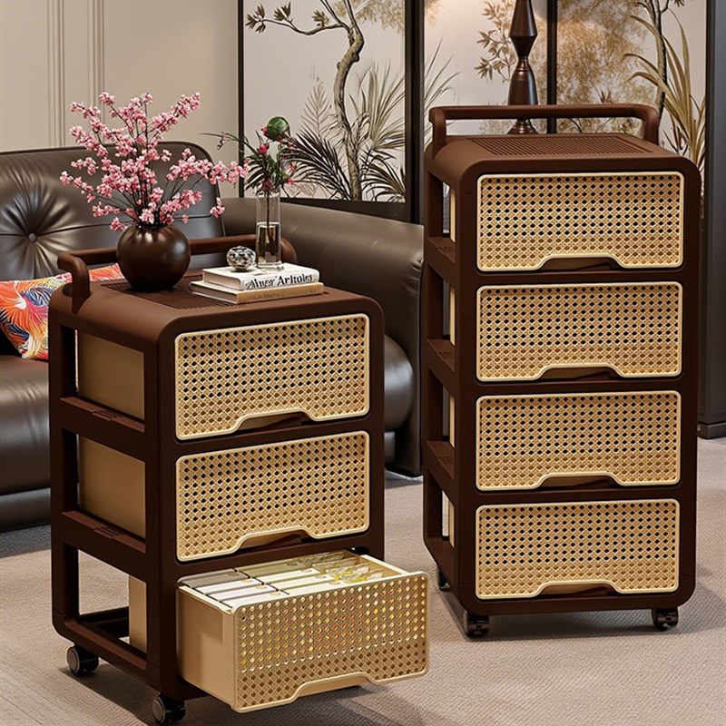 抽屉式收纳柜中古风家用可移动卧室床头置物柜客厅U带轮多层储物