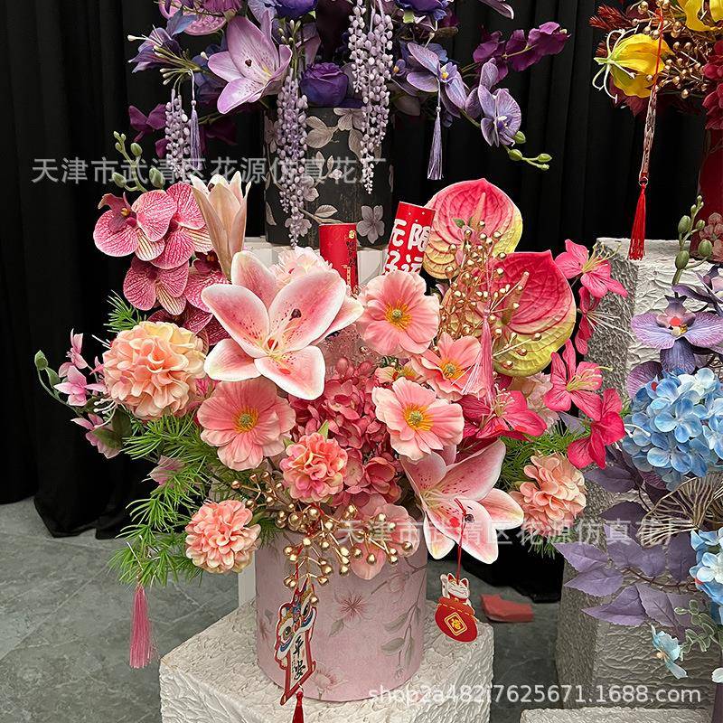 年宵花抱桶新成品客QTO厅假花仿真抱花件过年发摆财果福桶年装饰