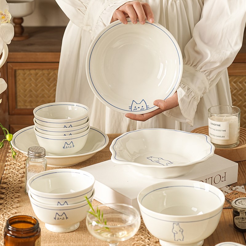 陶瓷盘子菜盘家用2025新款高颜值覆古餐具碗盘筷S套装釉下彩双耳