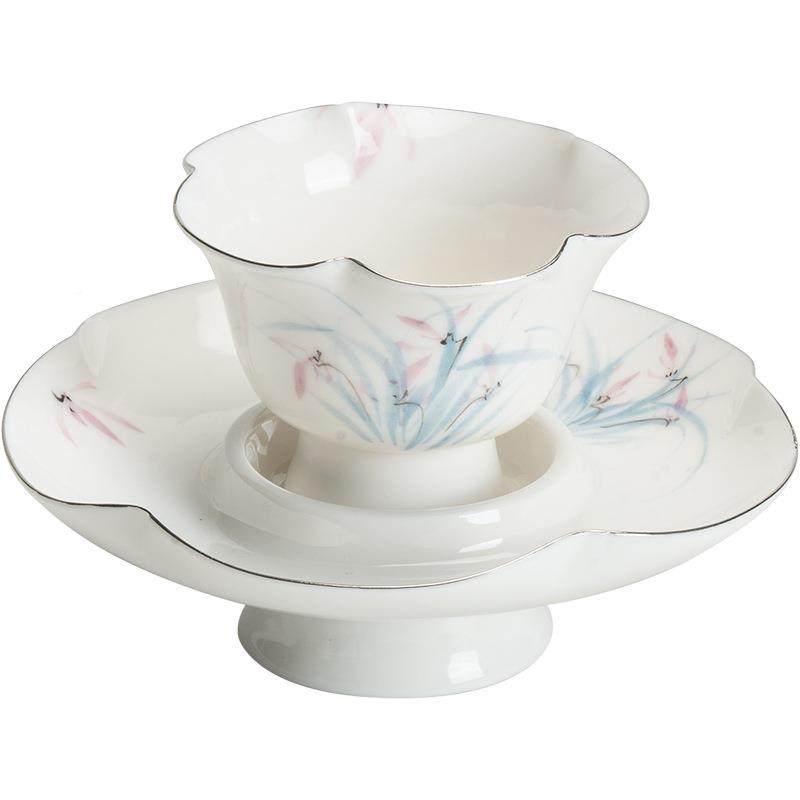 昌居描白金朴手绘HKN幽荷韵套杯陶纯瓷单杯功夫茶具品茗茶兰杯带