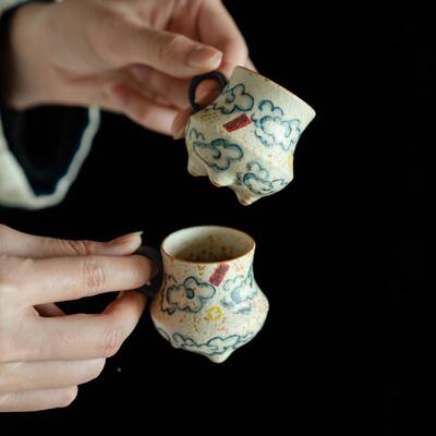 花青火石红纯手绘祥云陶瓷主人个带把男女TD-1444人专用品茗杯杯