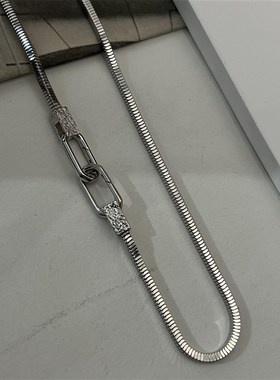 S925银意大利精工四方蛇骨炼肌理方形双扣P项炼女时尚高级项炼